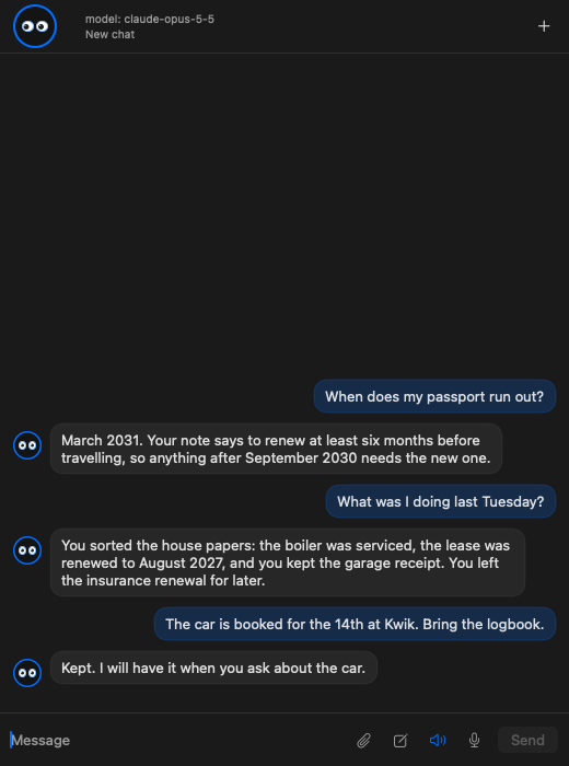 Pokko on the Mac answering a question about a passport from memory