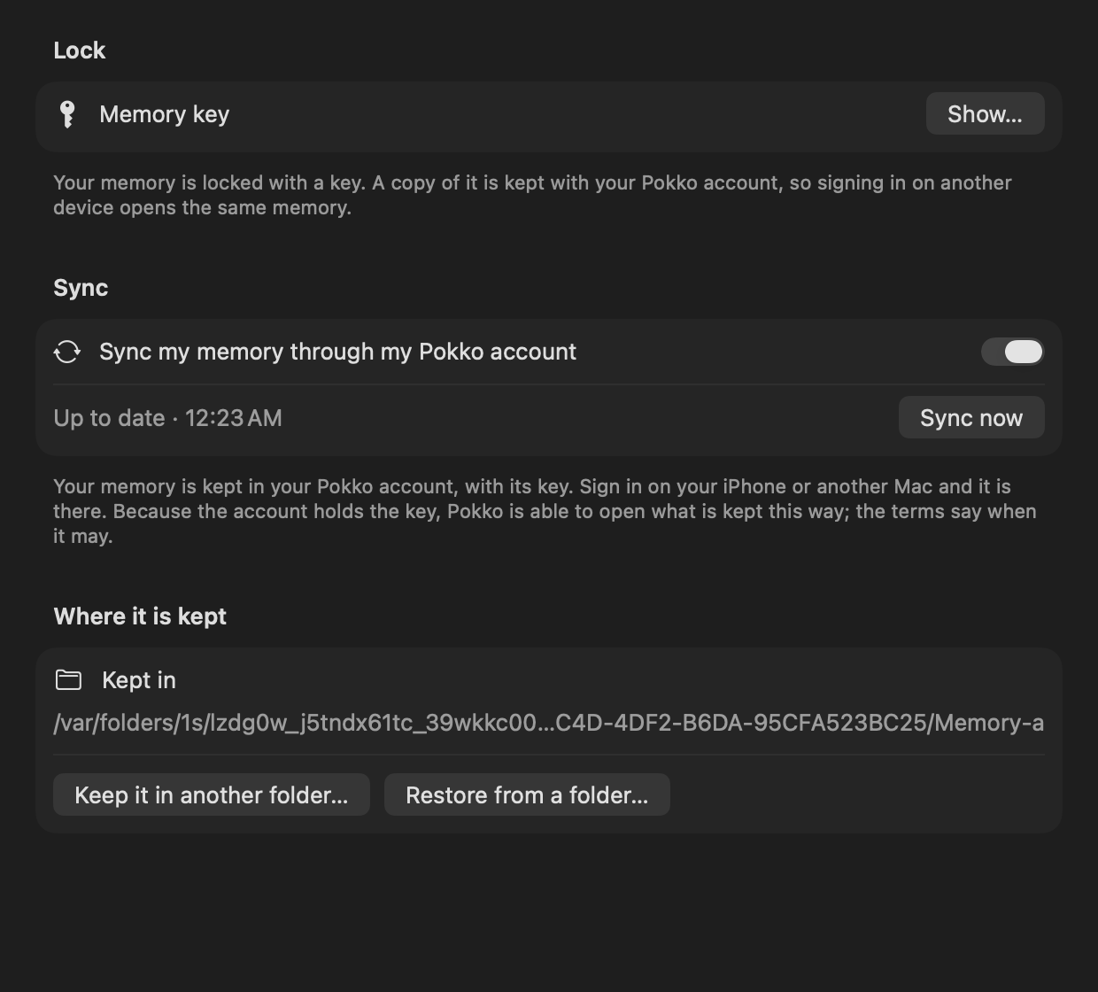 Memory settings: the memory key and sync through the Pokko account