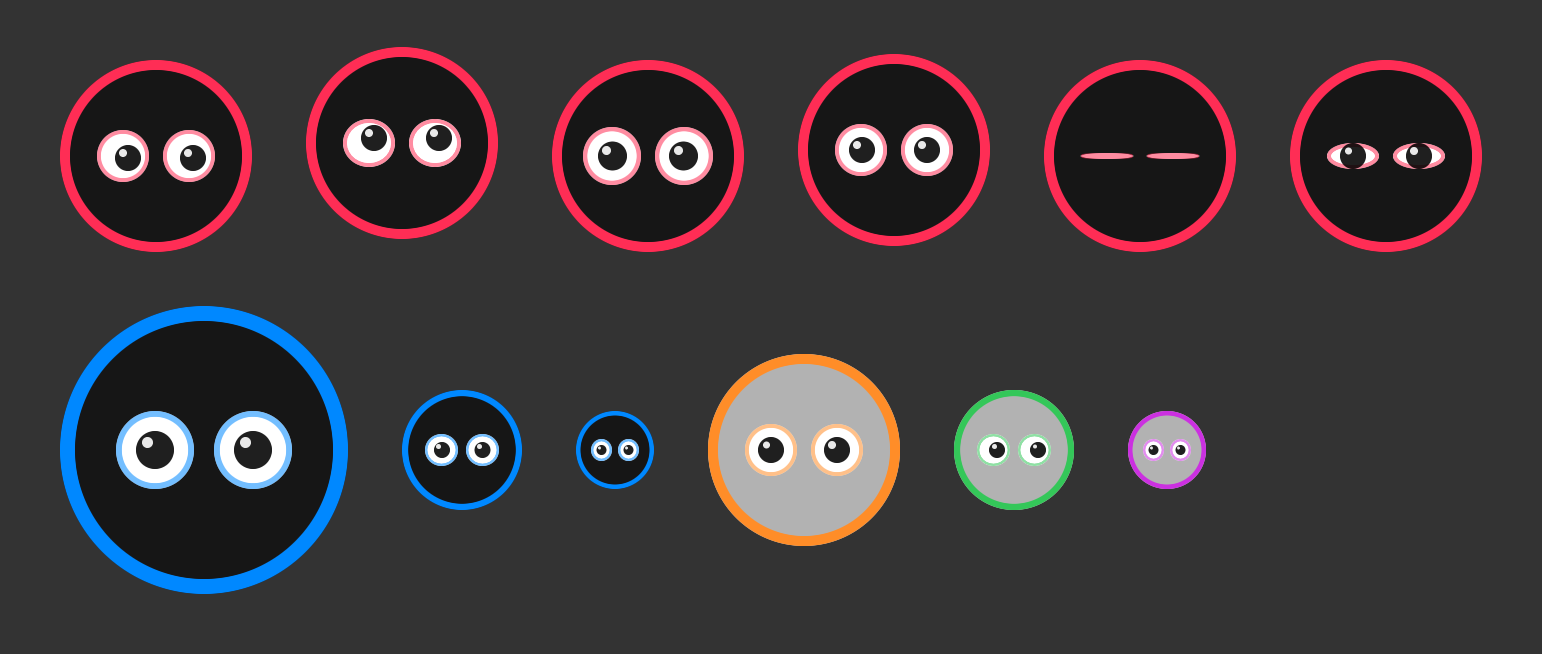Pokko's face in several moods, sizes and colours
